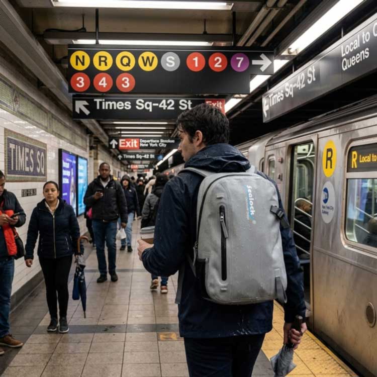Commuter carrying a waterproof welded backpack through rain at a train station